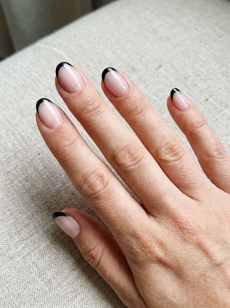 Black French auf Milky Pink als Schwarze Nägel Ideen Inspiration 2026